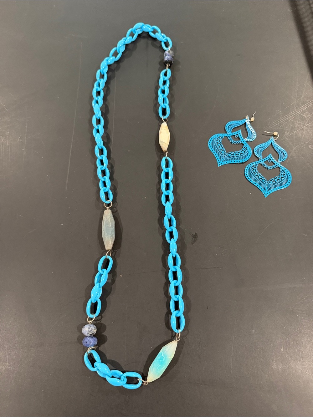 Blue Statement Chain Necklace and Earrings Set - Women Jewelry